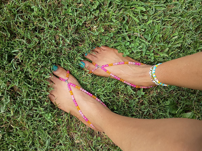 Pink and green Barefoot Blooms handmade foot jewelry