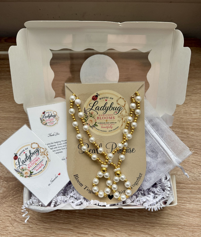 Pearl Promise barefoot bridal jewelry gift presentation by House of Ladybug