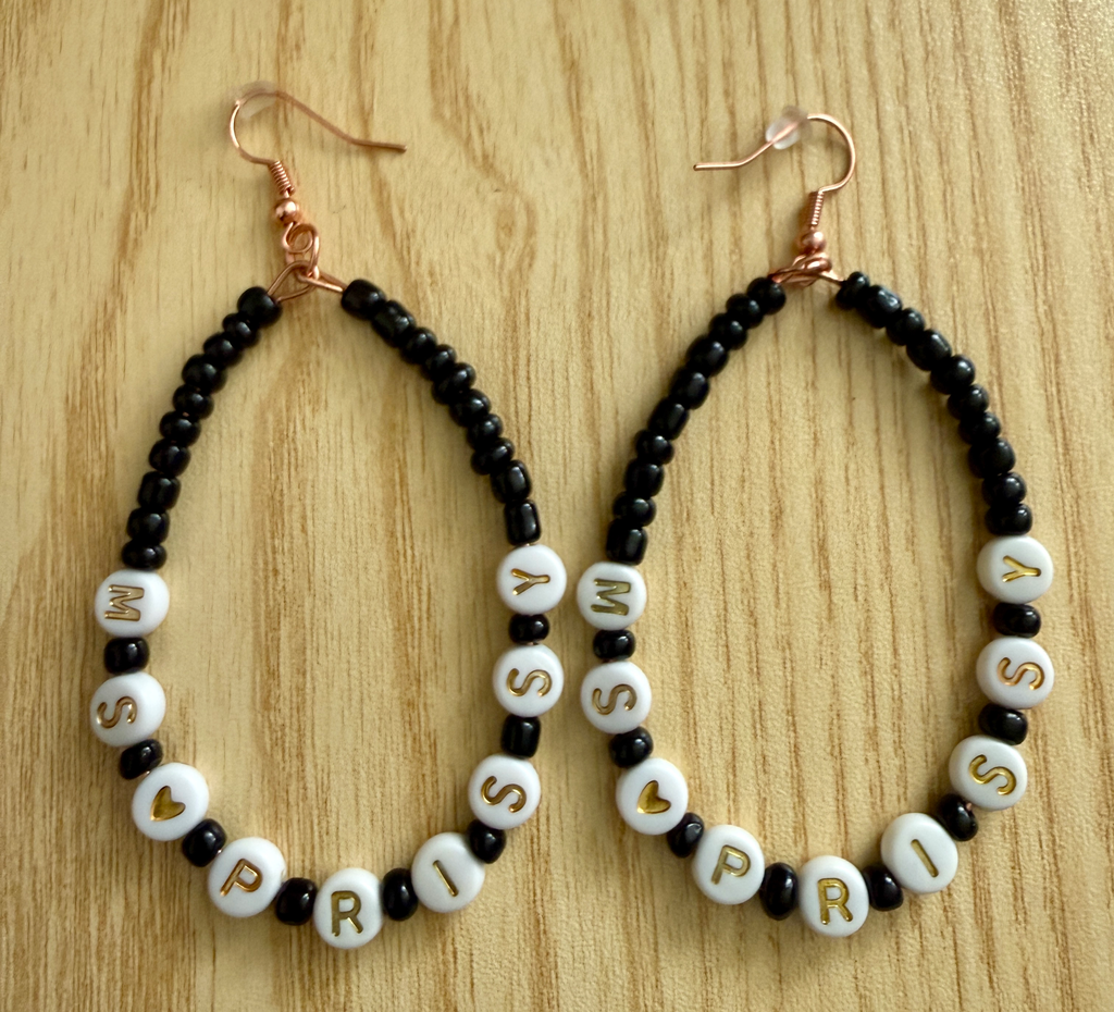 Custom Earrings (Silver, White bead/Black Lettering, Black)